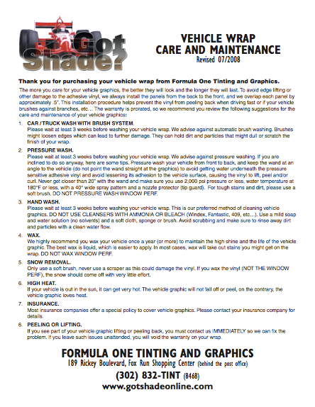 Vehicle Wrap Care Sheet
