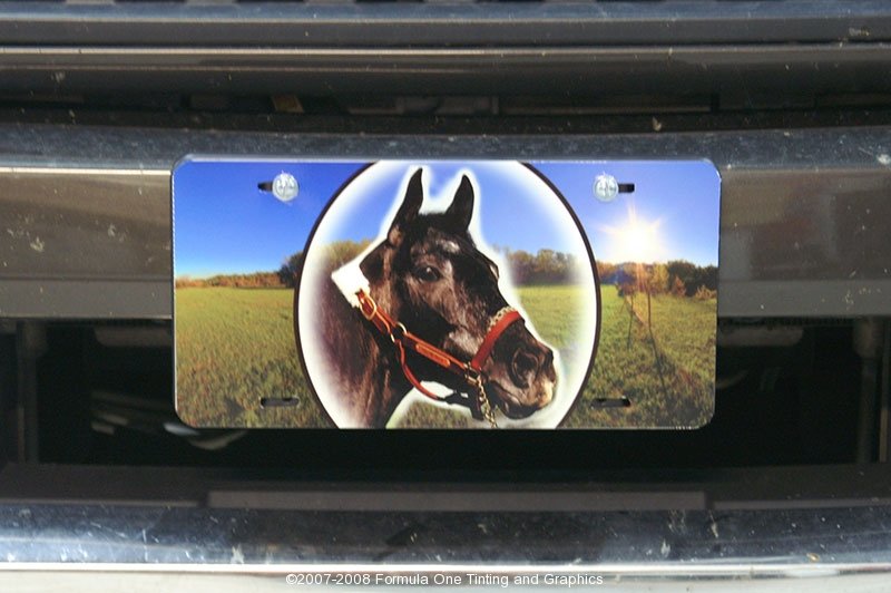 thumbnail image 2 of 3D Horse Pony Aluminum Mirrored Chrome Front License Plate – With Screw Caps, Silver 2 of 3